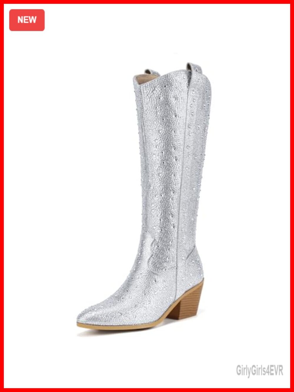 Knee High Western Cowboy Boots with Rhinestones Pointed Toe Block Heel